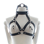 オープンバスト拘束ハーネスとニップルクリップ付きのリングギャグ2点セット
